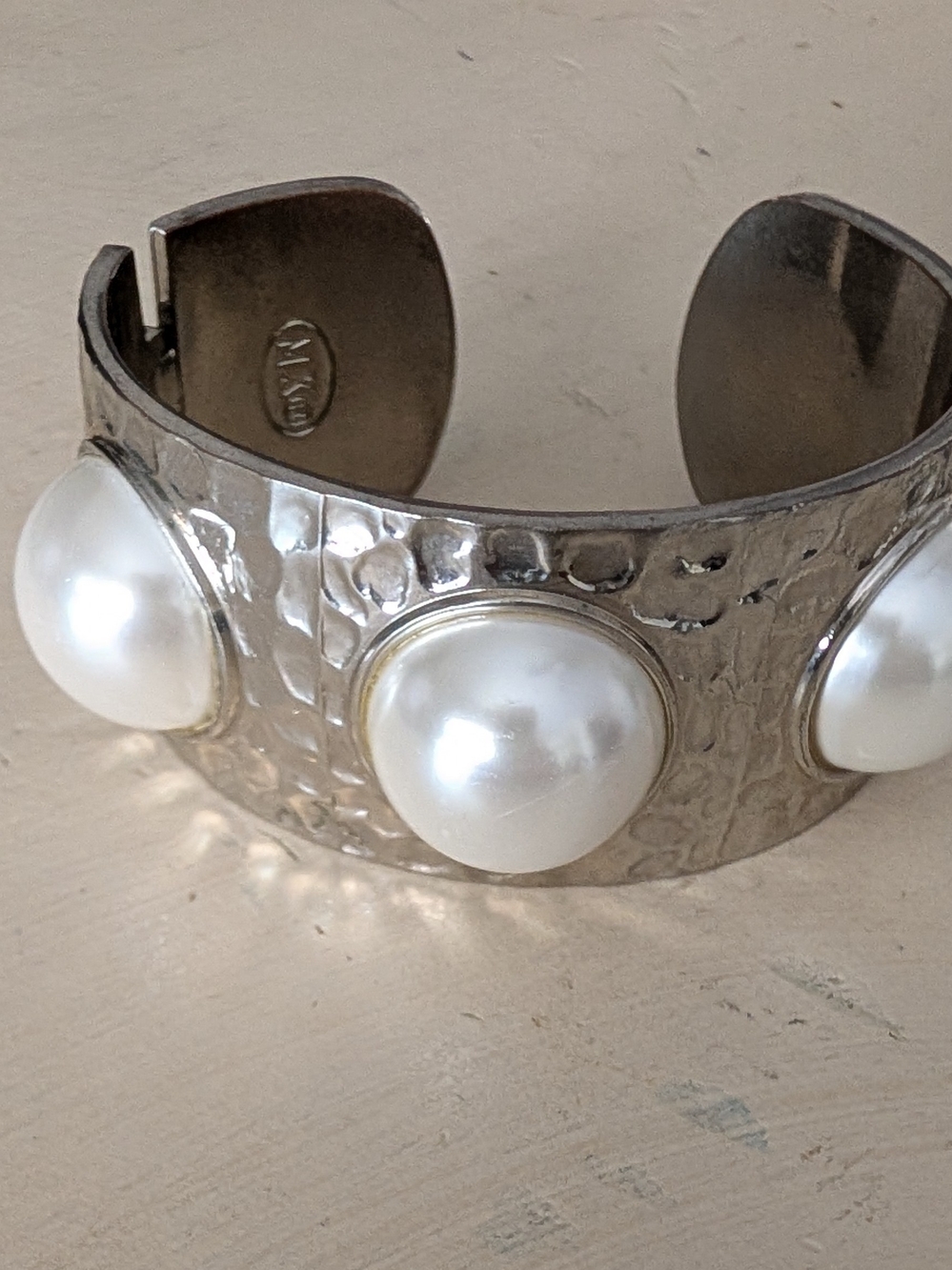 Silver Hammered Cuff Bracelet with White Pearl Accents